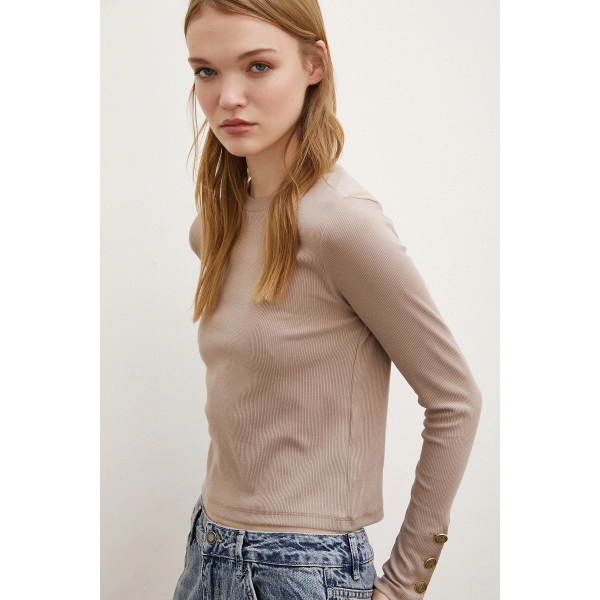 Kollu Düğmeli Bluz Vizon