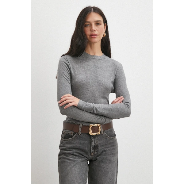 Bisiklet Yaka Kol Bluz Gri