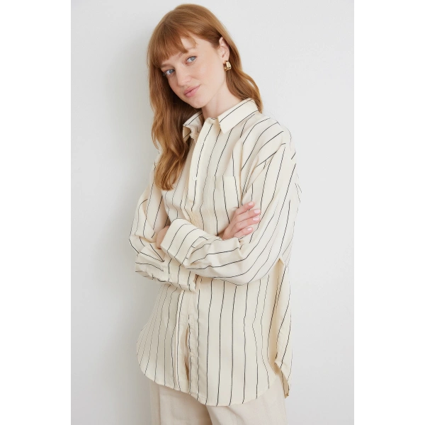 Kontrast Çizgili Modal Gömlek Siyah