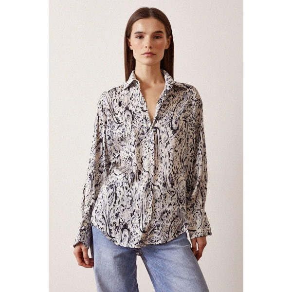 V Yaka Desenli Saten Gömlek Siyah