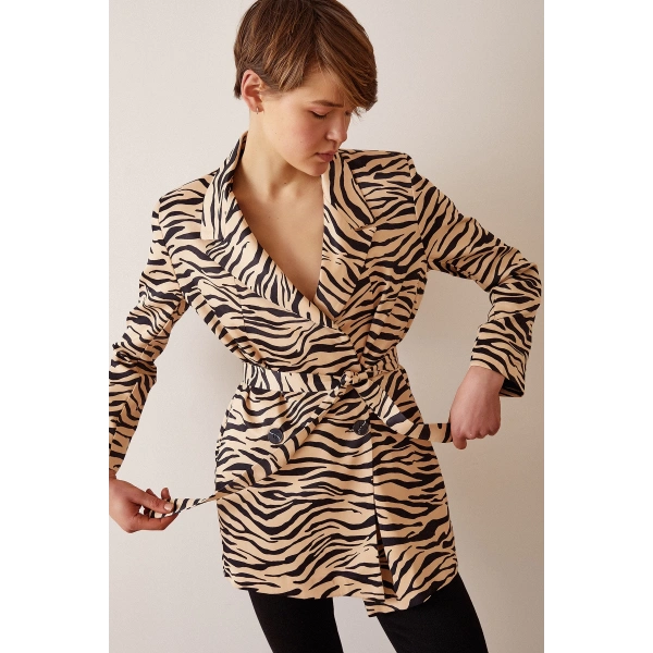 Düğmeli Kuşaklı Blazer Ceket Leopar