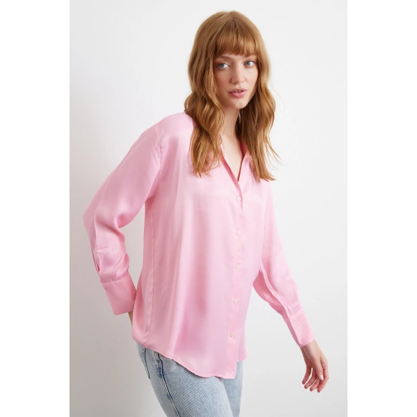 Viskon Saten Gömlek Pembe