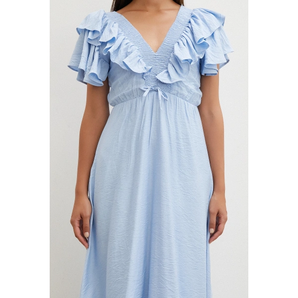 Fırfır Detaylı V Yaka  Gipeli Keten Elbise Mavi