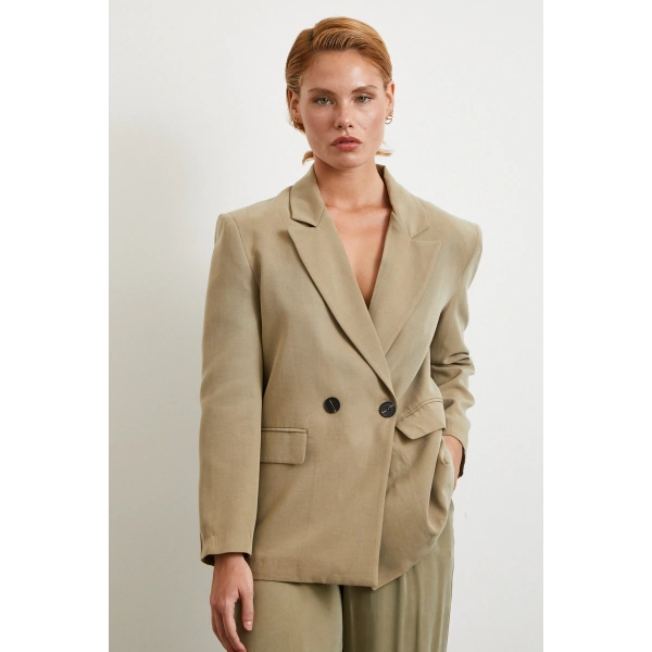 Çift Düğmeli Keten Blazer Ceket Haki