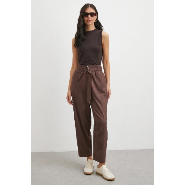 Beli Büzgülü Kemer Tokalı Pantolon Kahve