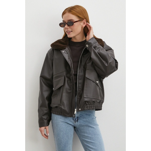 Peluş Astar Detaylı Deri Mont Kahve