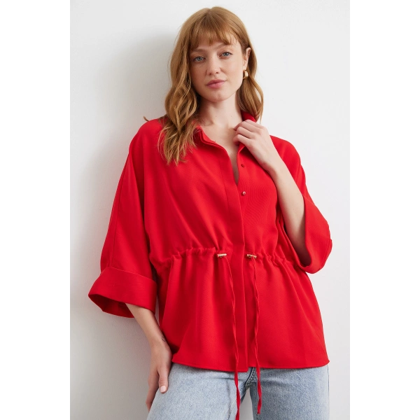Büzgülü Kimono Gömlek Kırmızı