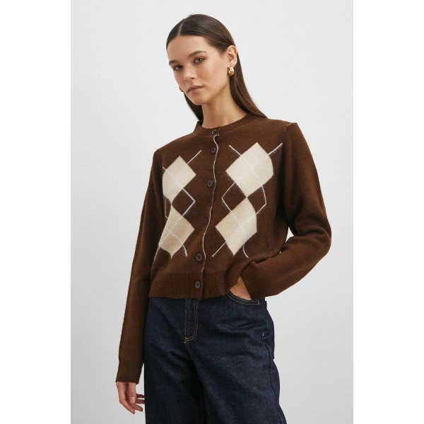 Düğmeli Baklava Desenli Hırka Kahve