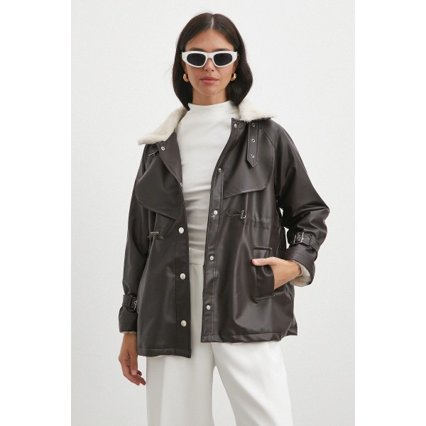 Kürklü Yaka Detaylı Deri Ceket Kahve