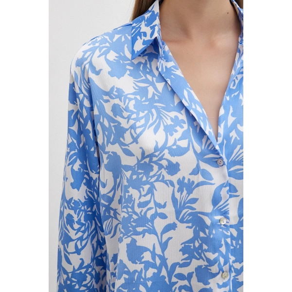 Desenli Gofret Saten Gömlek Açık Mavi