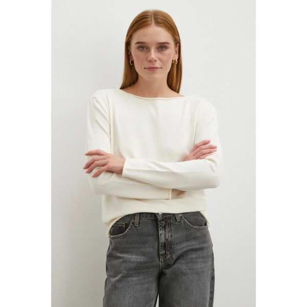 Kayık Yaka Uzun Kol Kazak Ekru