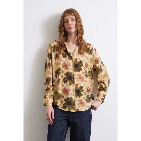 Çiçekli Vual Gömlek Haki