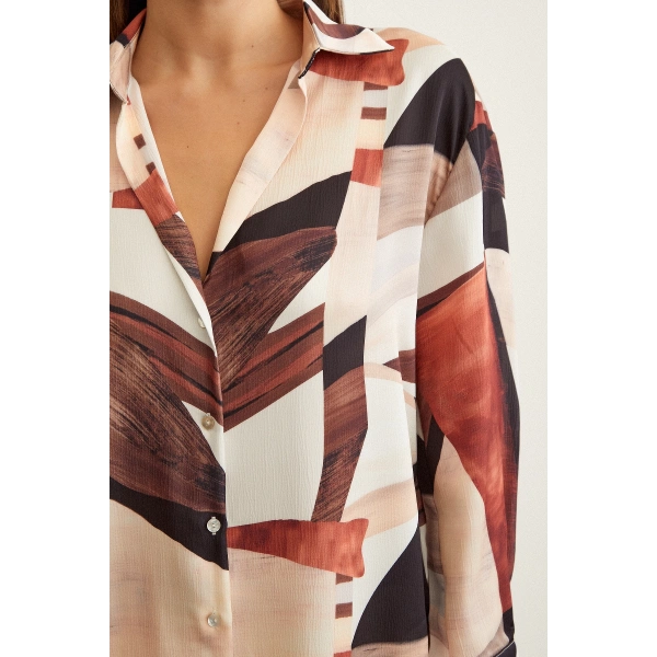 Taş Desen V Yaka Gömlek Kahve