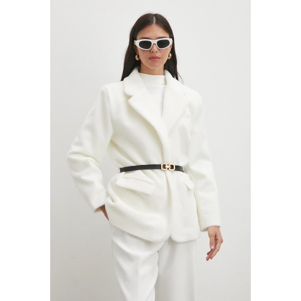 Kemerli Tay Flock Ceket Beyaz