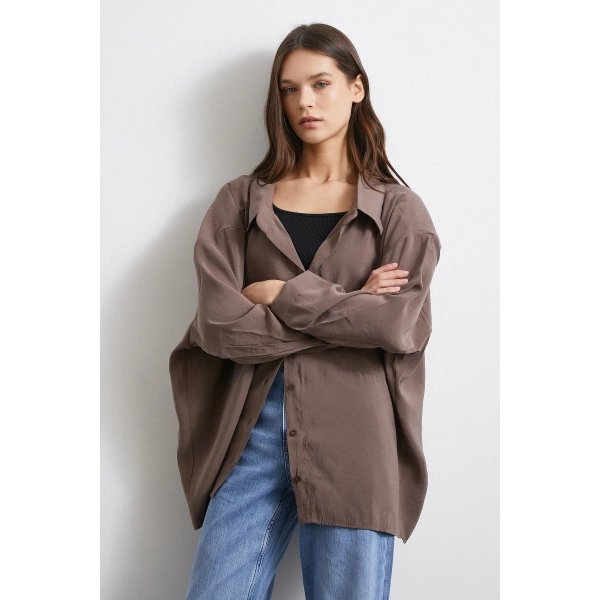 Oversize Cepli Modal Gömlek Kahve