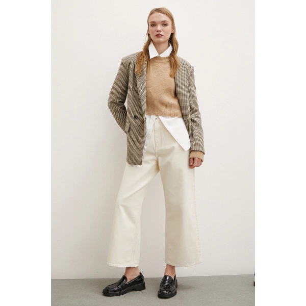 Yüksek Bel Geniş Paça Mom Jean Ekru