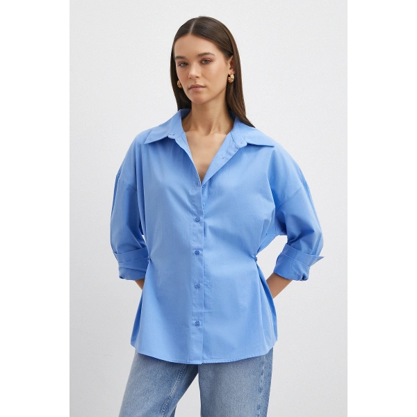 Düğme Detaylı Pamuklu Gömlek Mavi