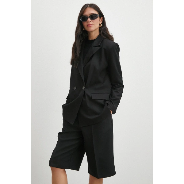 Çift Dügmeli Cep Kapaklı Blazer Ceket Siyah