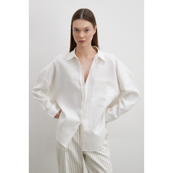Robalı Cepli Keten Gömlek Ekru