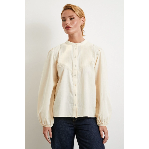 Nervürlü Dantel Detaylı Gömlek Krem