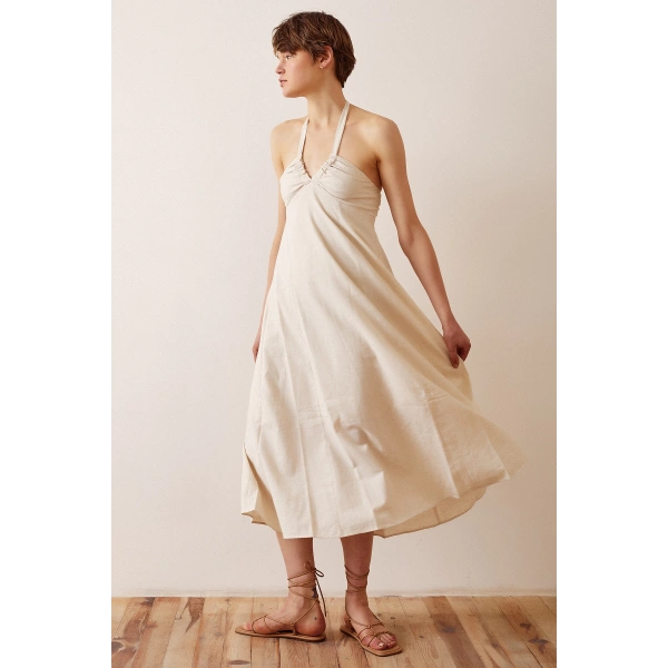 Sırt Dekolteli Askılı Elbise Krem