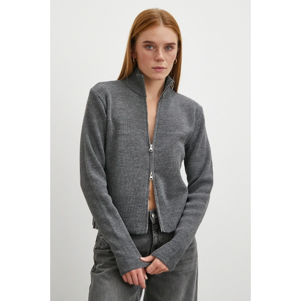 Çift Fermuarlı Triko Hırka Antirasit