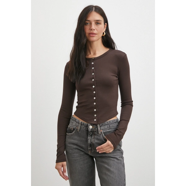 Düğmeli Uzun Kol Bluz Kahve