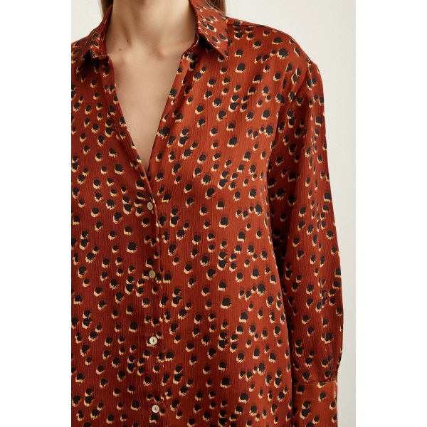 Puantiye Desenli Saten Gömlek Açık Kahve