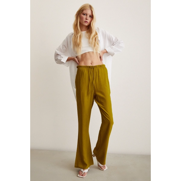 Beli Lastikli Biyeli Yüksek Bel Pantolon Yağ Yeşili