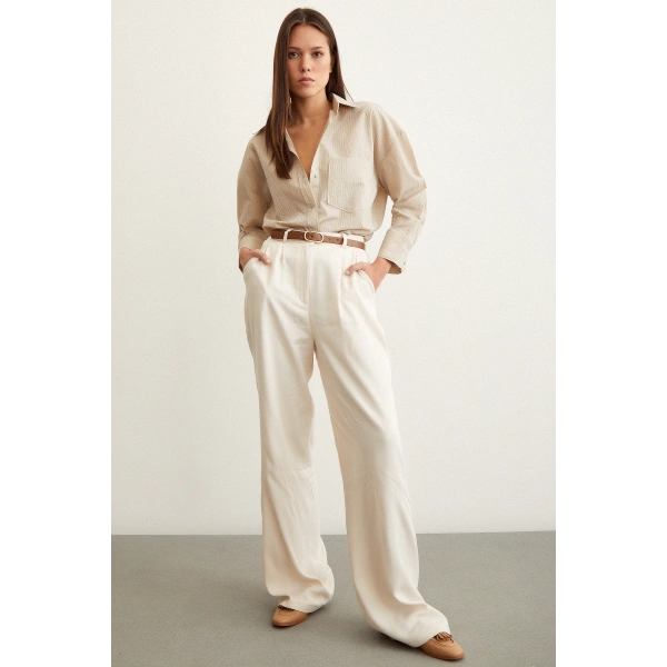 Çizgili Oversize Gömlek Bej