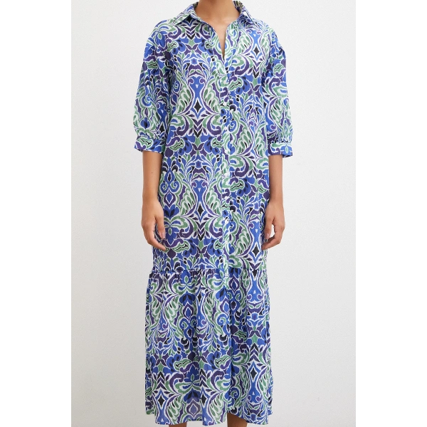 Önü Düğmeli Fakir Kol Elbise Lacivert