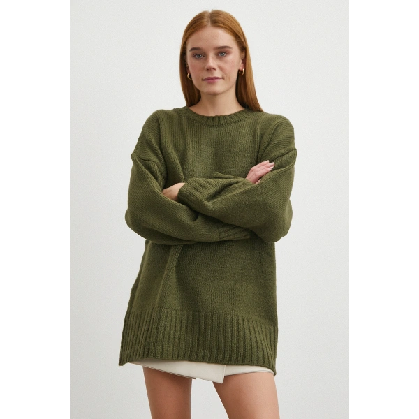 Bisiklet Yaka Fitilli Triko Kazak Haki