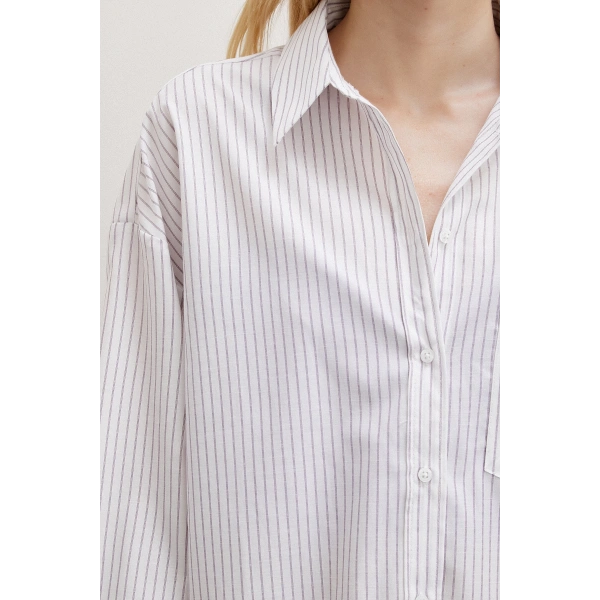 Çizgili Pamuklu Gömlek Ekru