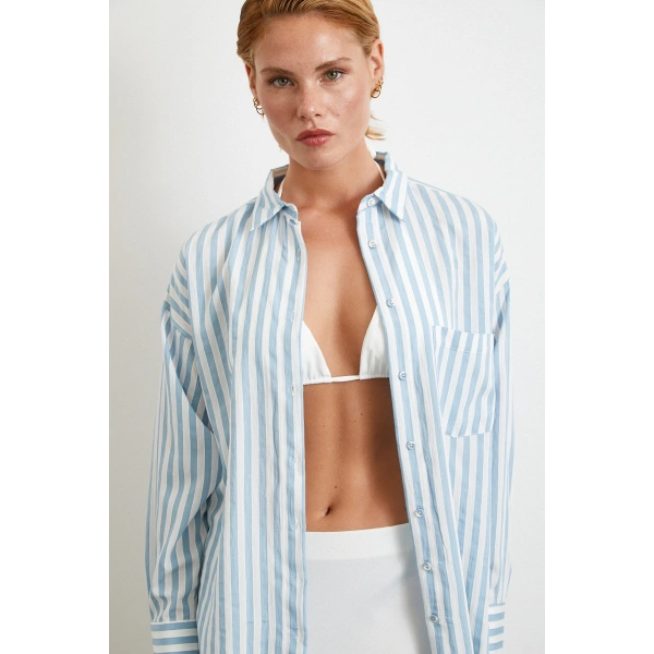 Multi Çizgili Cepli Gömlek Mavi