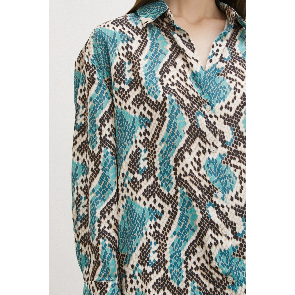 Yılan Desen Saten Gömlek Yeşil