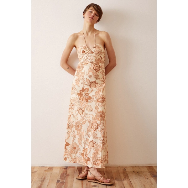 Çiçek Desenli Askılı Elbise Sarı