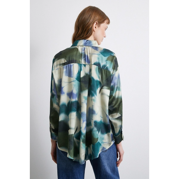 Batik Desen Saten Gömlek Petrol