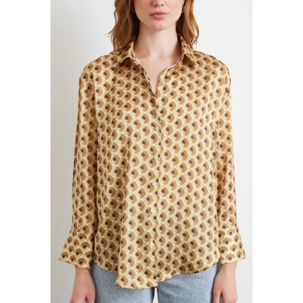 Geometrik Desenli Saten Gömlek Bej