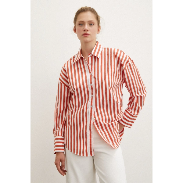 Cepli Çizgili Gömlek Oranj