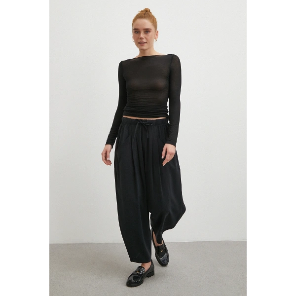 Bağcıklı Beli Lastikli Pileli Pantolon Siyah