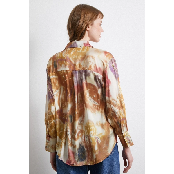 Desenli Saten Gömlek Lila