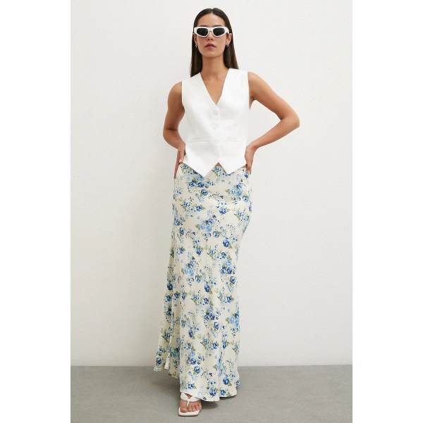 Çiçek Desenli Saten Eten Mavi