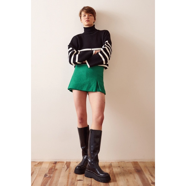 Yırtmaçlı Tweed Şort Etek Yeşil