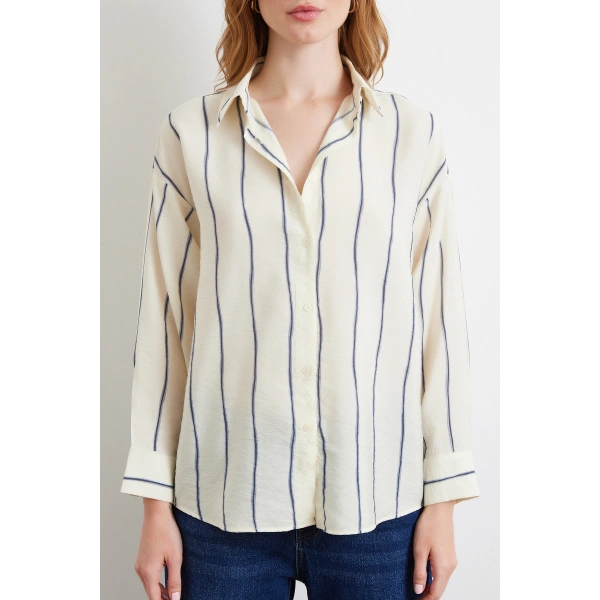 Çizgili Modal Gömlek İndigo