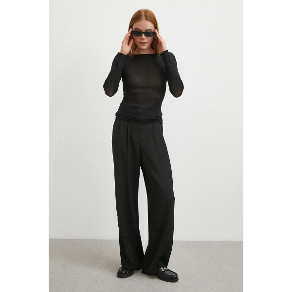 Beli Lastikli Pileli Geniş Paça Pantolon Siyah