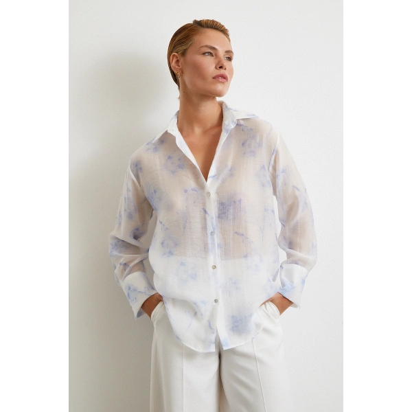 Organze Desenli Tül Gömlek Mavi