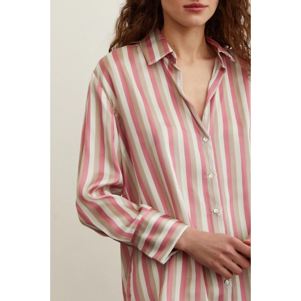Çizgili Saten Gömlek Pembe