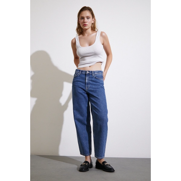 Yüksek Bel Mom Jean Mavi