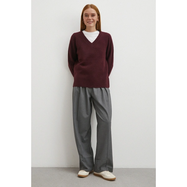 Yüksek Bel Pileli Palazzo Pantolon Gri