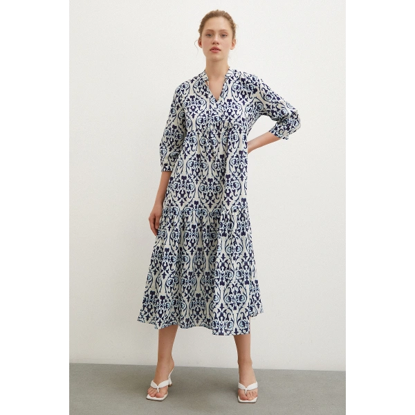 Hakim Yaka Desenli Maxi Elbise Lacivert